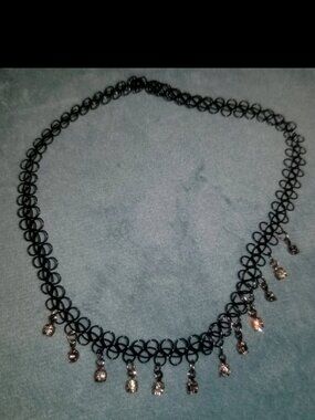 Set of 3 Black Tattoo Style Chokers Silver Crystal Dangle Y2K Goth Stretch